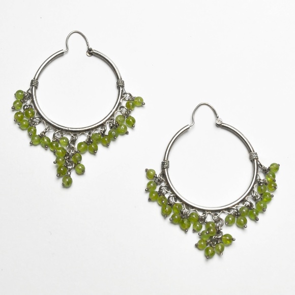 Balinese Natural Peridot Bead Silver Hoop Earrings - Picture 2 of 5
